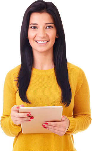a girl smiling holding an iPad
