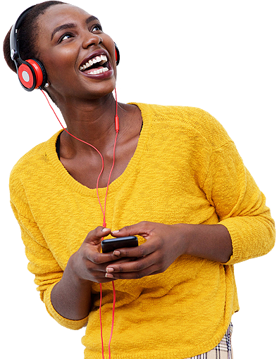 woman wearing a headphone and holding a mobile phone