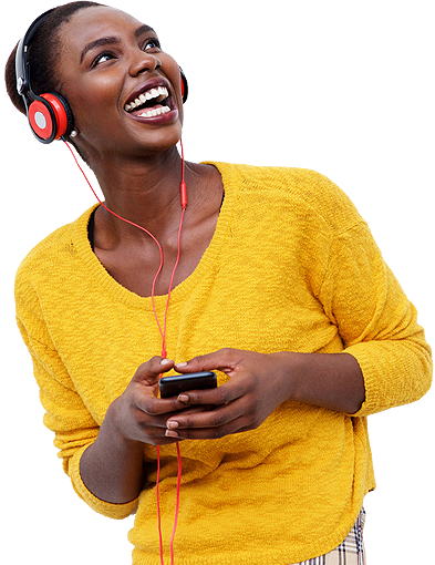 Media header image - women with headphone and mobile phone woman wearing a headphone and holding a mobile phone